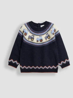 Bleu marine motif tracteur - Pull JoJo Maman Bébé Personnage Fair Isle