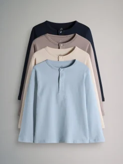 Bleu marine/Marron/Bleu/Crème - The Set lot de 4 t-shirts Henley en coton à manches longues