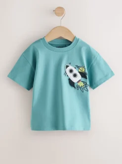 Bleu motif fusée - T-shirt interactif à manches courtes (3 mois à 7 ans)