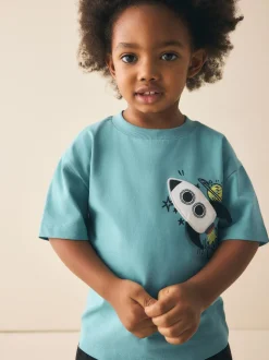 Bleu motif fusée - T-shirt interactif à manches courtes (3 mois à 7 ans)