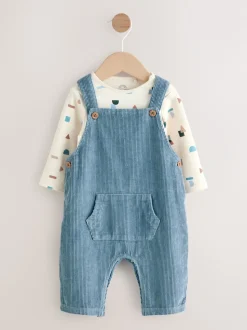 Bleu moyen - Ensemble salopette et body en velours côtelé (0mois-2ans)