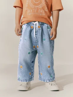 Bleu moyen - Jean en denim brodé 100 % coton (3mois-7ans)