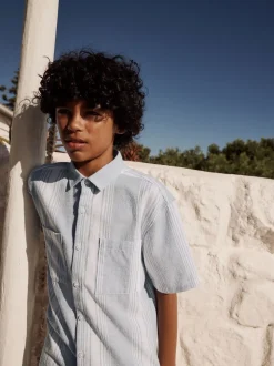 bleu pâle - Chemise à manches courtes en lin Blend rayée (3-16ans)