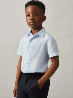 bleu pâle - Chemise Reiss Holiday en lin à manches courtes