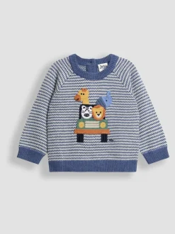 Bleu Safari Friends - Pull JoJo Maman Bébé à motif appliqué au crochet