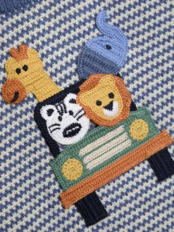 Bleu Safari Friends - Pull JoJo Maman Bébé à motif appliqué au crochet