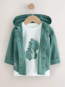 Bleu sarcelle foncé - Ensemble surchemise et t-shirt à capuche en sergé (3mois7ans)