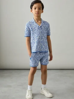 Bleu/Blanc - Reiss Redhill Tile Short en tricot à motif