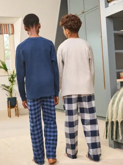 Bleu/Gris - Lot de 2 pyjamas en tissu à carreaux à manches longues (3-16ans)