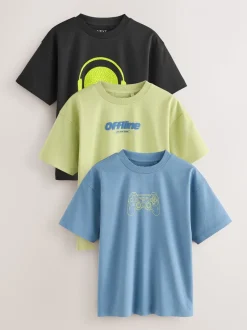 Bleu/Noir/Vert - Lot de 3 t-shirts à manches courtes à imprimé graphique décontractés (3-16ans)
