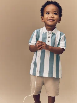 Bleu/Tan - Ensemble polo texturé à manches courtes et short (3mois7ans)