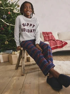 Bonnes fêtes à carreaux gris/bleu marine/rouge - Pyjama tissé simple de Noël en famille (5-16ans)