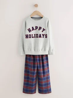Bonnes fêtes à carreaux gris/bleu marine/rouge - Pyjama tissé simple de Noël en famille (5-16ans)