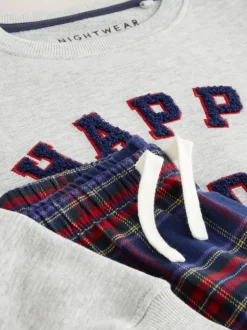 Bonnes fêtes à carreaux gris/bleu marine/rouge - Pyjama tissé simple de Noël en famille (5-16ans)