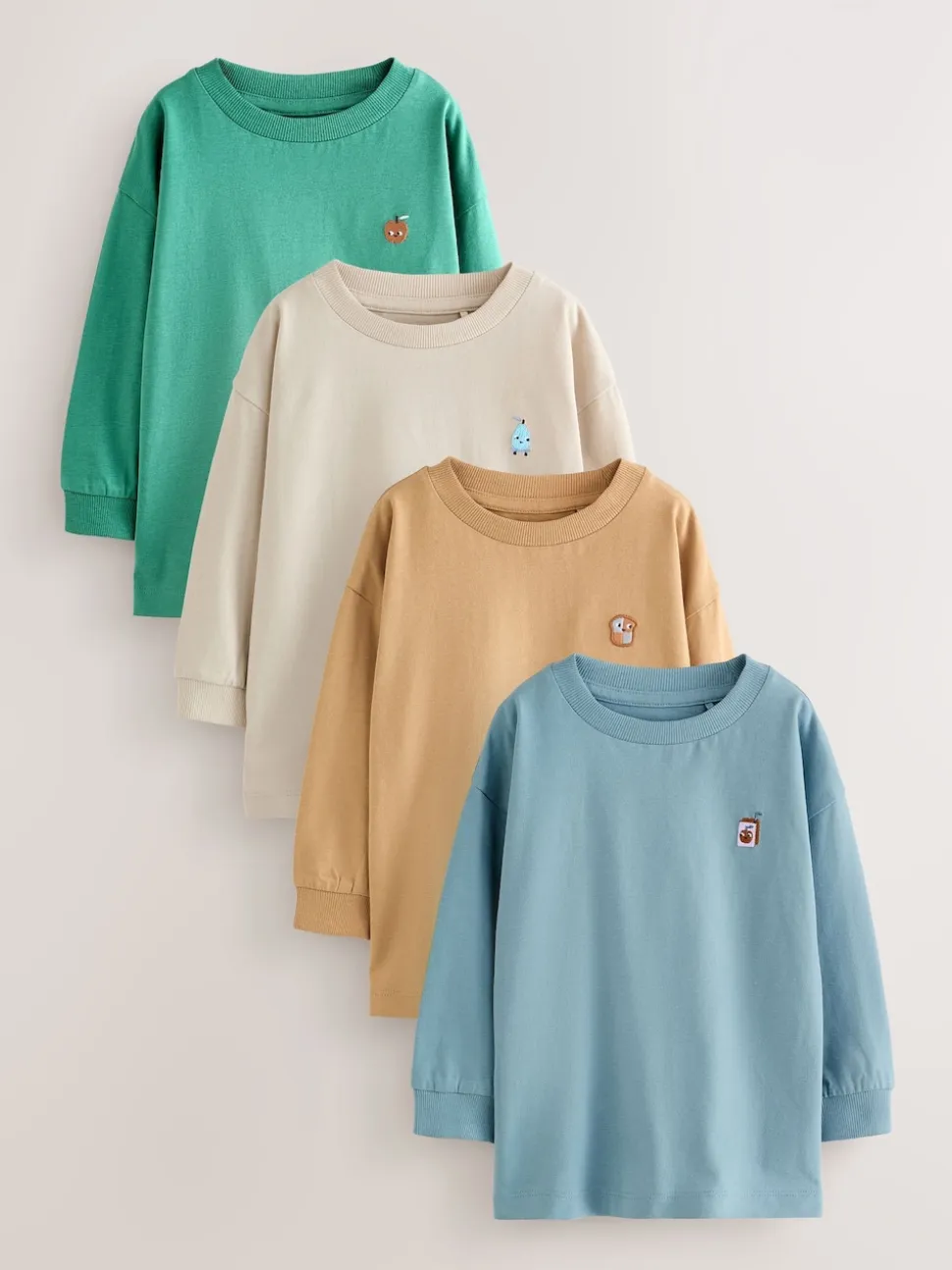 Broderie Nourriture Minéraux Personnage - Lot de 4 t-shirts imprimés graphiques à manches longues (3mois-7ans)