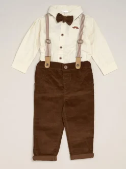 Brun foncé - Little Gent nœud papillon en velours côtelé avec nœud papillon et pantalon avec bretelles