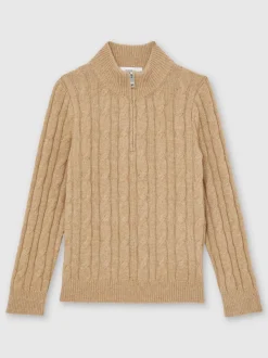 Camel mélangé - Pull Reiss Clovelly en laine mélangée à col zippé et motif torsadé