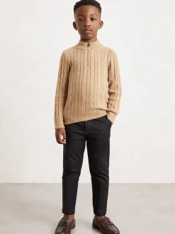 Camel mélangé - Pull Reiss Clovelly en laine mélangée à col zippé et motif torsadé