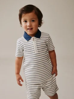 Col zippé à rayures bleu marine et blanc - Ensemble polos et shorts de manches (3mois-7ans)