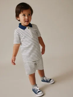 Col zippé à rayures bleu marine et blanc - Ensemble polos et shorts de manches (3mois-7ans)