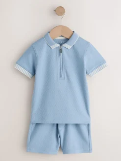 Col zippé bleu - Ensemble polos et shorts de manches (3mois-7ans)