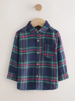 Écossais bleu marine - Chemise à carreaux de Noël à manches longues (3mois-10ans)