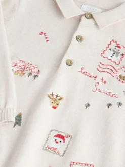 Crème - Polo de Noël en maille brodé sur l’ensemble (3mois7ans)