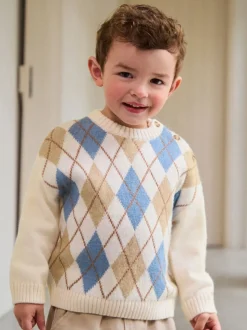 Crème Argyle - Pull en coton à col rond en maille (3mois -7ans)