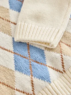 Crème Argyle - Pull en coton à col rond en maille (3mois -7ans)