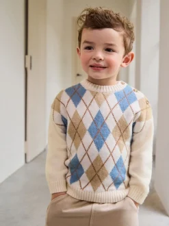 Crème Argyle - Pull en coton à col rond en maille (3mois -7ans)