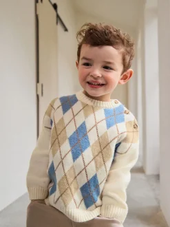 Crème Argyle - Pull en coton à col rond en maille (3mois -7ans)