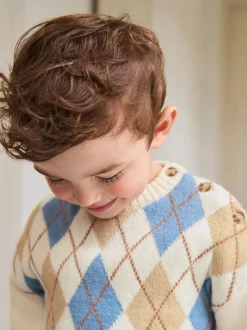 Crème Argyle - Pull en coton à col rond en maille (3mois -7ans)