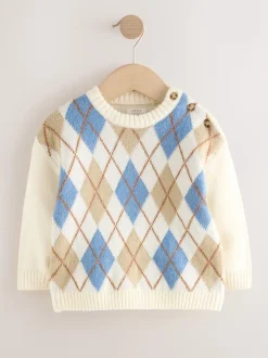 Crème Argyle - Pull en coton à col rond en maille (3mois -7ans)