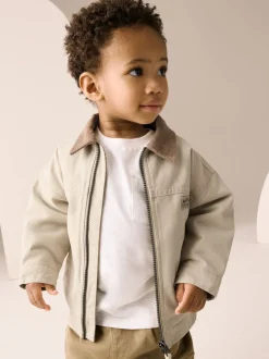 Crème/Marron - Blouson bomber en toile à col en velours côtelé (3mois -7ans)
