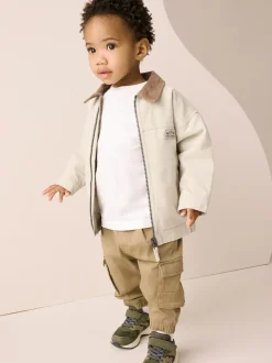 Crème/Marron - Blouson bomber en toile à col en velours côtelé (3mois -7ans)