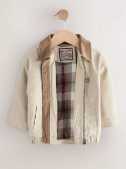 Crème/Marron - Blouson bomber en toile à col en velours côtelé (3mois -7ans)