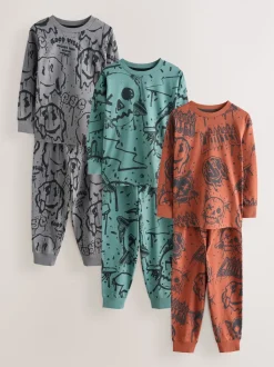 Crâne graffiti vert/orange - Lot de 3 pyjamas à manches longues (3-16ans)