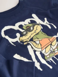 Crocodile bleu marine - T-shirt graphique décontracté en coton à manches longues (3-16ans)