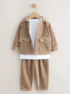 écru - Ensemble veste-chemise, t-shirt et pantalons texturé en velours côtelé (3mois-7ans)