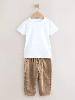 écru - Ensemble veste-chemise, t-shirt et pantalons texturé en velours côtelé (3mois-7ans)