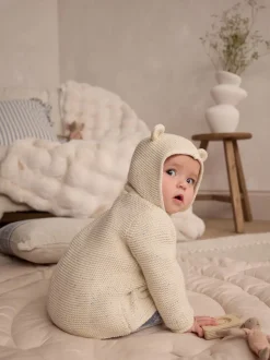 Écru moucheté - Bébé à capuche en tricot Cardigan