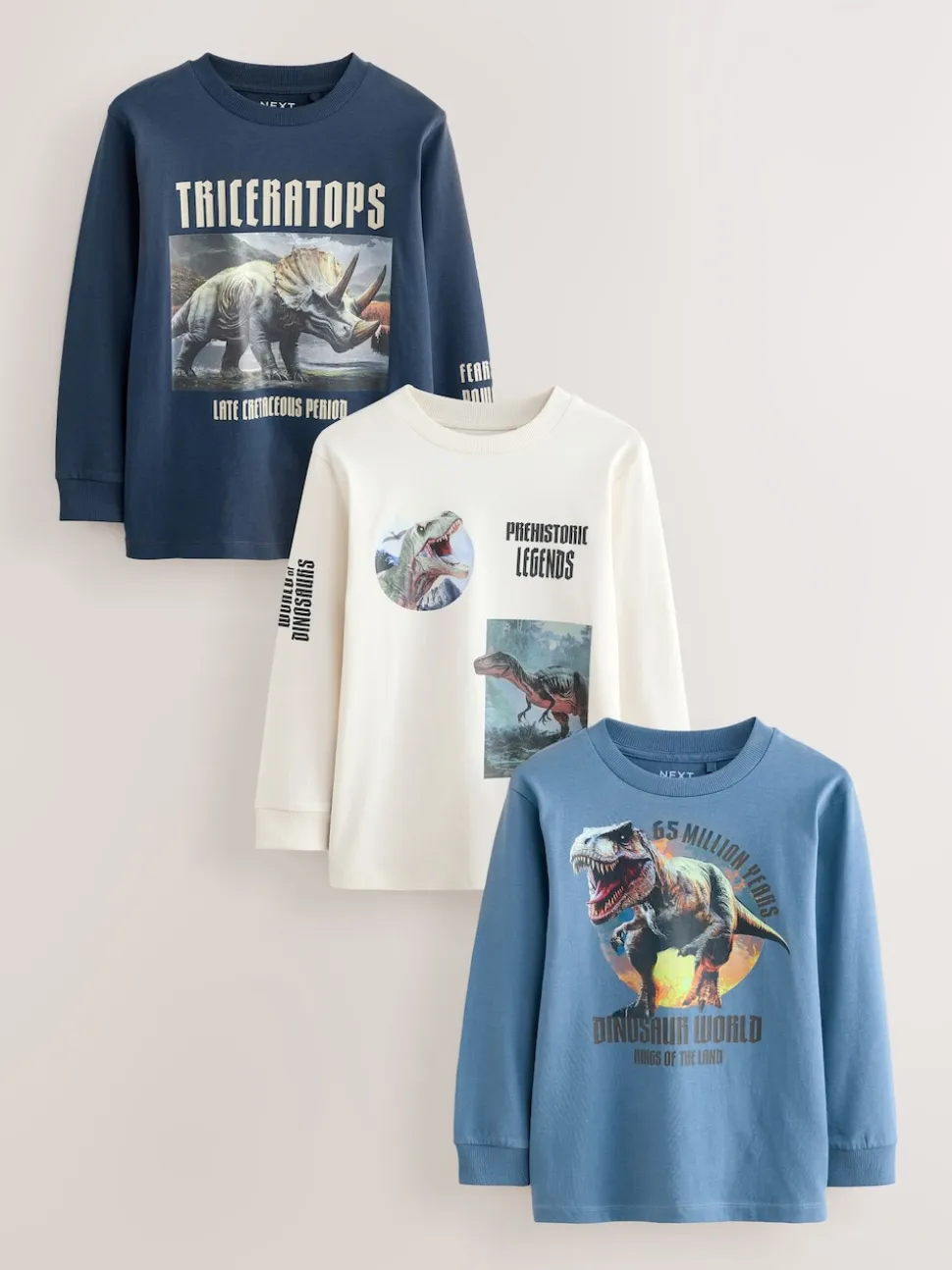 Dino bleu marine/bleu/écru - Lot de 3 T-shirts graphiques à manches longues (3-16ans)