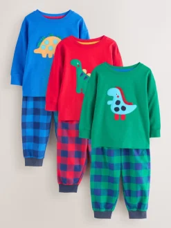 Dinosaure à carreaux rouge/bleu/vert - Lot de 3 pantalons de pyjama tissés à carreaux (9mois-12ans)