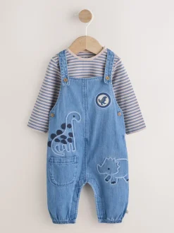 Dinosaure bleu - Ensemble salopette et body en jean bébé (0 mois-2 ans)