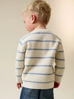 Ecru/Bleu - Pull Henley à rayures (3mois-7ans)