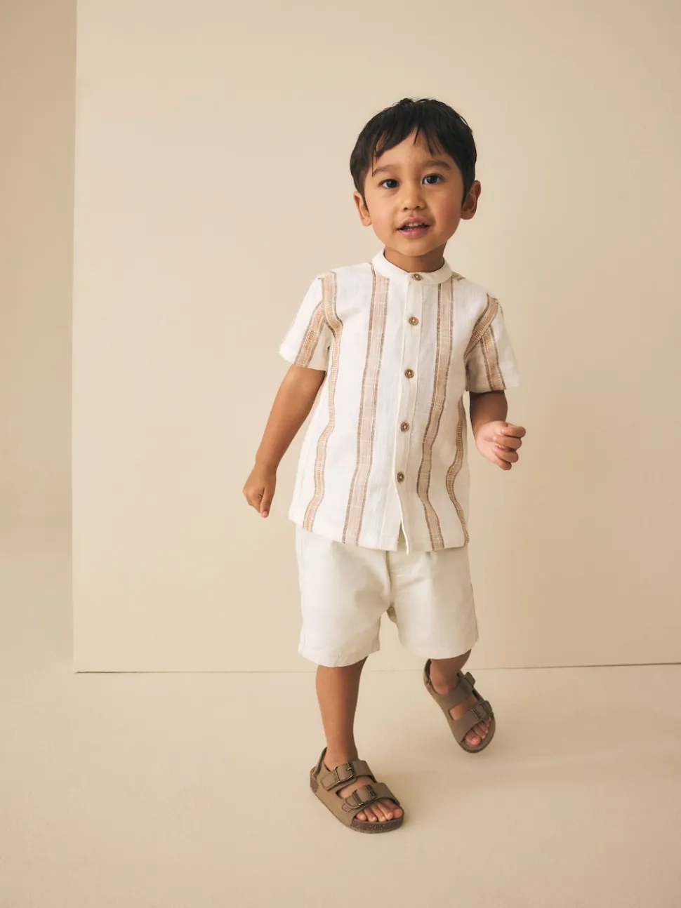 Ecru/Brown - Chemise à manches courtes avec col mao à texture rayée (3mois-7ans)