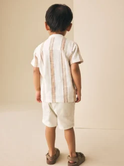 Ecru/Brown - Chemise à manches courtes avec col mao à texture rayée (3mois-7ans)