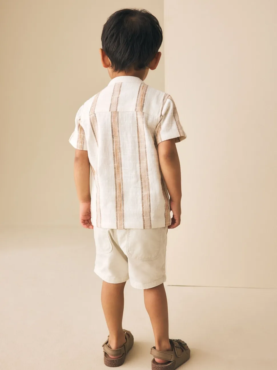 Ecru/Brown - Chemise à manches courtes avec col mao à texture rayée (3mois-7ans)