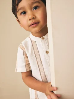 Ecru/Brown - Chemise à manches courtes avec col mao à texture rayée (3mois-7ans)