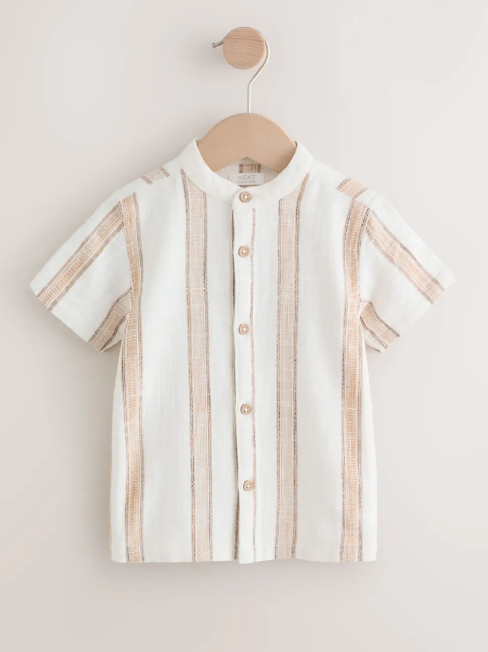 Ecru/Brown - Chemise à manches courtes avec col mao à texture rayée (3mois-7ans)